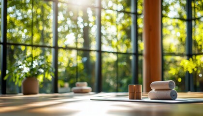 A serene wellness space with rolled towels and wooden blocks, illuminated by sunlight streaming through large windows surrounded by greenery.
