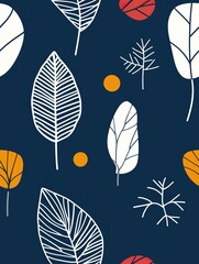 Seamless pattern of stylized leaves in white, orange, and red on a dark blue background