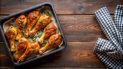 Baked chicken drumsticks on a baking sheet with oven mitts, oven, kitchen,  oven, kitchen, food,oven baked chicken drumsticks