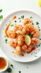  a flat-lay setup of a gourmet fried shrimp plate styled with lemon wedges, parsley, and artistic swirls of sauce, celebrating National French Fried Shrimp Day, 