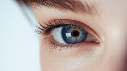 Obraz premium Close-up of a beautiful woman's blue eye with a contact lens, against a white background