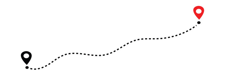 Route location icon, two pin sign and dotted line road, start and end journey symbol, black color vector illustration isolated on white background. 