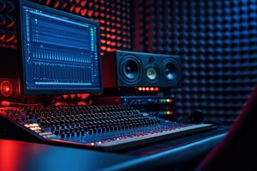 A modern audio mixing studio with a computer screen displaying sound waves, controls, and speakers, illuminated by vibrant red and blue lighting.