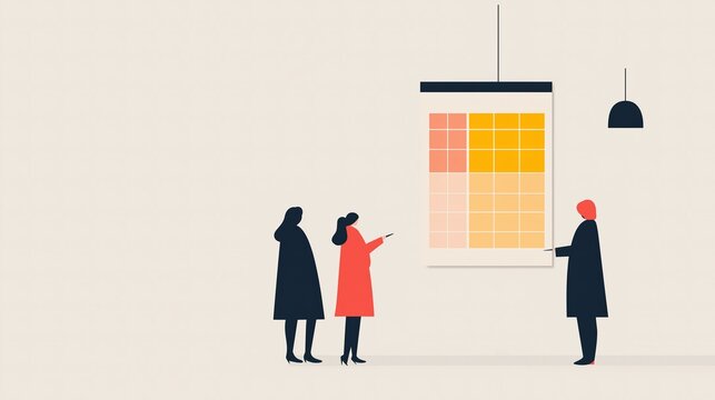 People pointing at a chart or calendar illustration style