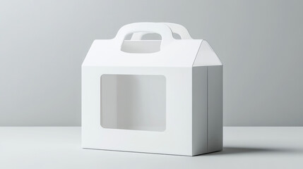White box with handle and window package mockup. 3d blank carton design for business merchandise and presentation in web. Take away meal container to carry. Isolated food pack for advertising