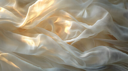 Fototapeta premium Abstract composition of flowing translucent fabric like forms with soft golden light, creating dreamy and ethereal atmosphere