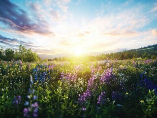 Obraz premium Dawn in a summer flower meadow panoramic view misty atmosphere serene landscape soft morning light