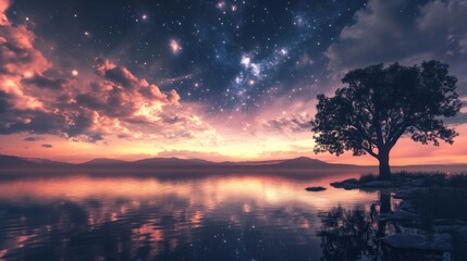 A serene landscape at sunset with a starry sky reflected in a calm lake.