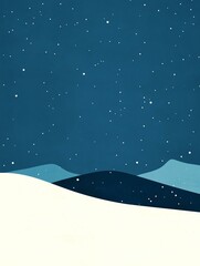 Fototapeta premium Minimal snow landscape with hills and stars at night in a simple style