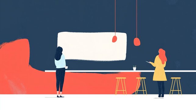 Two people in a modern setting with a white frame and yellow stools in a minimal illustration