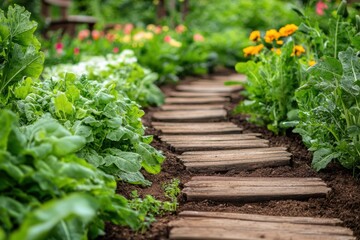 A serene garden path lined with lush greenery and vibrant flowers, inviting exploration amidst nature's beauty.