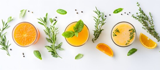 different types of fruit juices are displayed on a white background