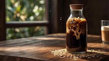 A cold brew coffee served in a glass bottle, with a splash of oat milk, placed on a rustic table.
