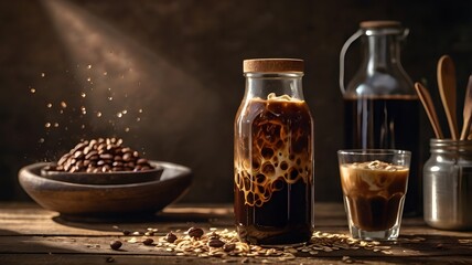 A cold brew coffee served in a glass bottle, with a splash of oat milk, placed on a rustic table.
