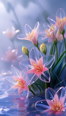 Fototapeta premium A beautiful spectrum of Alstroemerias flowers with delicate, translucent petals illuminated by soft light. Created with generative AI