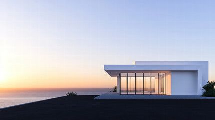 Minimalist white house with glass windows on the roof, overlooking an ocean at sunset