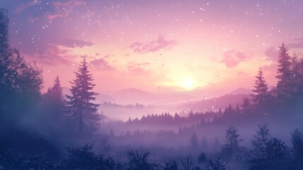 A serene landscape at sunset, featuring misty mountains and silhouetted trees.