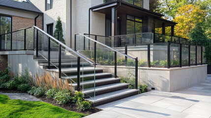 Glass fence section, plexiglass balustrade with metal railing and transparent sheets for pool, home stairways or house balcony. Acrylic banisters or fencing barrier with steel pillars realistic 3d set