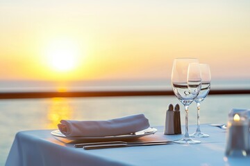 A serene dining setup by the water at sunset, featuring elegant tableware, glasses, and a picturesque view.
