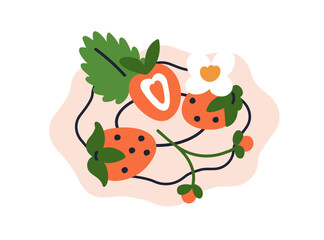 Fresh strawberries in bowl. Ripe red berries served on plate. Sweet healthy snack, vitamin food, natural summer fruit with flower, leaf. Flat vector illustration isolated on white background