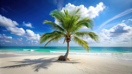 Obraz premium Heart-shaped palm tree on pristine white sand beach with turquoise ocean waves, palm tree, turquoise, palm tree, turquoise