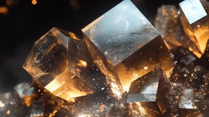 An extreme closeup of galenite crystals with a focus on their shiny, metallic luster and cubic structures. 