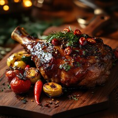 barbecue lamb leg perfectly charred with a smoky crust served with roasted vegetables and vibrant red chili peppers