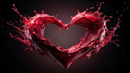 Deep crimson liquid splashes against a dark background, forming an abstract heart shape