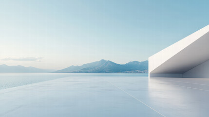 A white minimalist building with mountains in the background