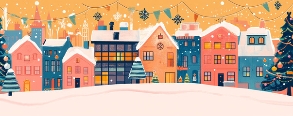 Joyful holiday greeting featuring  in bold, colorful fonts, surrounded by playful snowflakes and a subtle winter cityscape