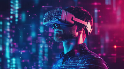 Software engineer wearing vr headset exploring virtual reality environment