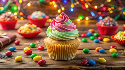 A colorful birthday cupcake sitting on a wooden table with a few decorative cupcakes and candies around it, surrounded by a warm and inviting atmosphere , festive , party