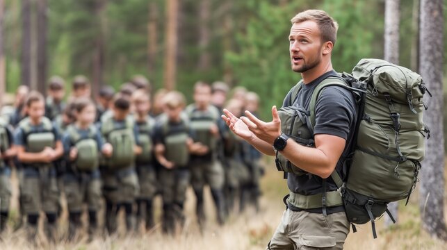 Military instructor explaining strategy to soldiers in forest during training exercise