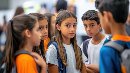 A group of young boys and girls attend a career fair highlighting opportunities in service agreements and management
