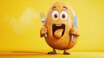 A cheerful cartoon potato character with a golden-brown body, licking its lips eagerly. The potato holds a shiny silver fork and knife in its rounded hands.