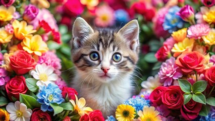 Adorable Kitten surrounded by colorful flowers and a heart, with big bright eyes looking up at the camera, adorable pet, floral arrangement