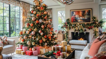 Luxurious Living Room Christmas Tree Decorated With Ornaments And Gifts