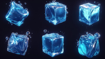 Obraz premium 3d water ice cube piece isolated realistic vector. Translucent blue frozen cocktail drink object set. Clear glacial aqua beverage collection. Clear cold and frosty crystal bubble with light reflection