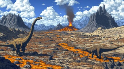 Fototapeta premium A prehistoric landscape featuring dinosaurs near an erupting volcano.