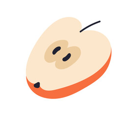 Apple, cut half with seeds, kernels and stem. Fresh ripe fruit core, piece. Healthy snack, vitamin food. Organic natural eating. Flat graphic vector illustration isolated on white background