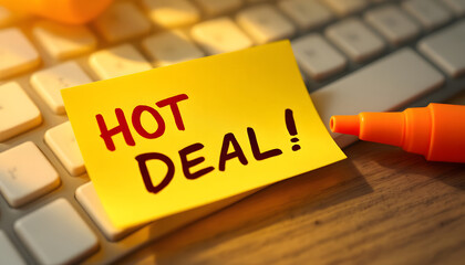 Hot Deal Alert, Sticky Note on Keyboard