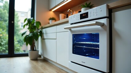 White Oven with Blue Light, Modern Kitchen, Interior Design, AI Art, Realistic, Photography Style, Baking, 
