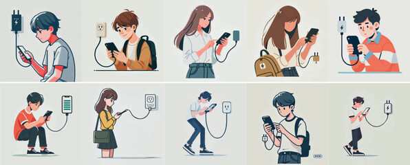 vector set of a teenager charging a cellphone with a simple flat design style