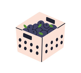 Blueberries harvest in crate, basket. Natural vitamin foos, summer blue berries heap gathered into box. Bilberries pile in case, package. Flat vector illustration isolated on white background