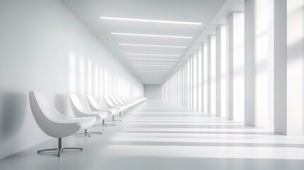 Naklejka premium Modern Empty Hospital Corridor with White Chairs in Bright Lighting