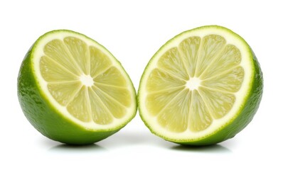 Fresh green lime halves on white backdrop