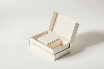 Open white cardboard box with smaller box inside on white background.