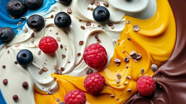 Video with different flavors of ice cream. Vanilla, mango, bubble gum ice cream with fresh fruit and chocolate drops. Fresh unusual frozen dessert.