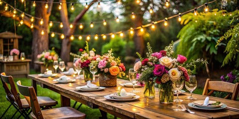 Obraz premium DIY Backyard Wedding Reception Table Decor: Rustic Chic Setting with Floral Arrangements and String Lights