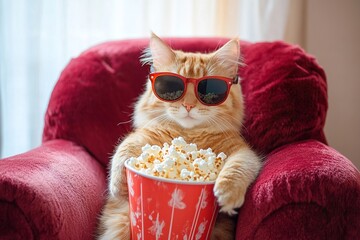 Humorous Cat in Sunglasses Holding Popcorn, Sitting on a Plush Red Chair for a Fun Vibe